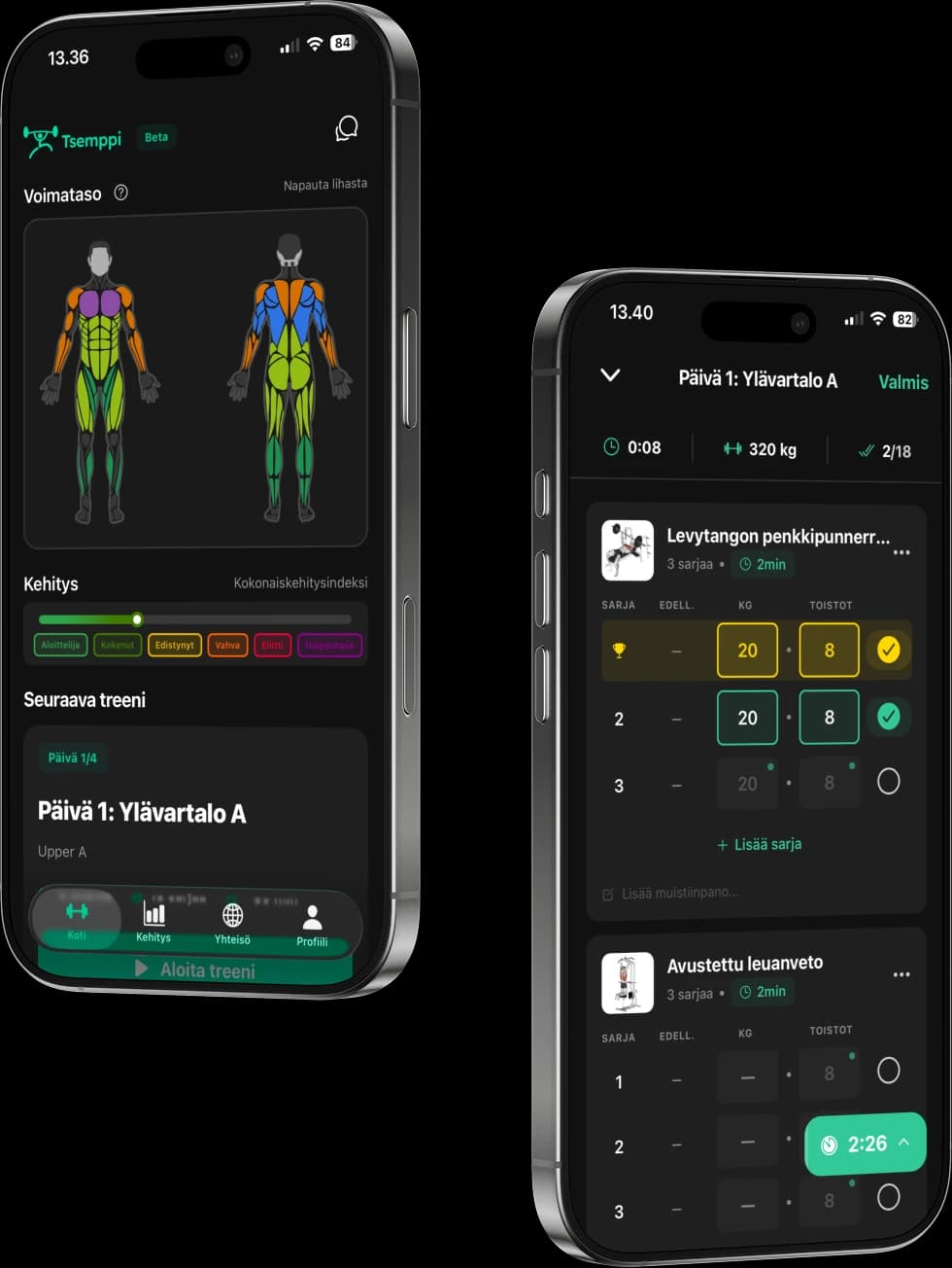 Tsemppi workout app - AI-powered training program and muscle map